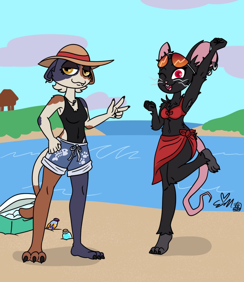 anthro barefoot beach bikini bikini_top claws clothing cooler duo ear_piercing ear_ring eyewear feet female gesture hand_gesture hat headgear headwear one-piece_swimsuit piercing ring_piercing sarong seaside shield_potion slap_juice slim_female sun_hat sunglasses swimming_trunks swimwear tail two-piece_swimsuit v_sign erynerikard epic_games fortnite camille_(fortnite) meow_skulls domestic_cat felid feline felis mammal murid murine rat rodent digital_media_(artwork) hi_res