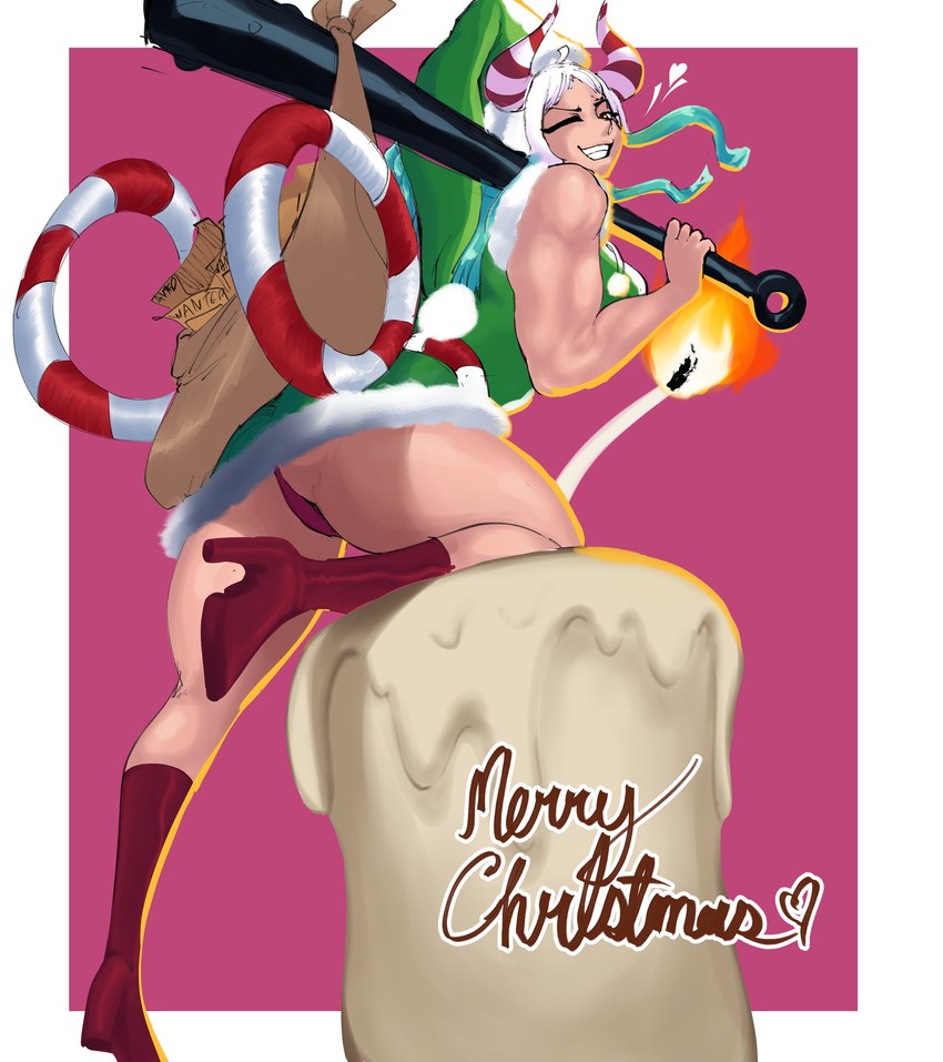 big_butt butt candle christmas_clothing clothed clothing club_(weapon) dress eyelashes female fire footwear green_clothing green_dress green_hair green_hat green_headwear hair hat headgear headwear holding_club holding_melee_weapon holding_object holding_weapon holidays horn kanabō looking_at_viewer looking_back looking_back_at_viewer melee_weapon multicolored_hair muscular muscular_female one_eye_closed panties pink_background pink_clothing pink_footwear pink_panties pink_shoes pink_underwear rear_view red_horn shoes simple_background smile solo striped_horn stripes tan_body tan_skin thick_thighs two_tone_hair underwear upskirt weapon weapon_on_shoulder white_background white_hair white_horn wide_hips wink winking_at_viewer yellow_eyes wyvernn asian_mythology christmas east_asian_mythology japanese_mythology mythology one_piece yamato_(one_piece) demon horned_humanoid humanoid oni yokai absurd_res hi_res