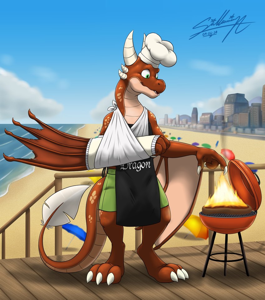 3_toes 4_fingers anthro apron barbecue beach biped bottomwear broken_arm broken_wing broken_wrist brown_body bruised bruised_arm bruised_wing cast cheek_horns chef_hat claws clothing cooking digitigrade facial_tuft feathers feet fingers green_eyes hat headgear headwear horn scales shorts sling_(medicine) tail tan_body teeth toes tuft white_claws winged_arms wings lutharieotterdreamer european_mythology mythology pavlos_andriades dragon mythological_creature mythological_scalie scalie western_dragon wyvern ash_(disambiguation) absurd_res hi_res nonbinary_(lore)