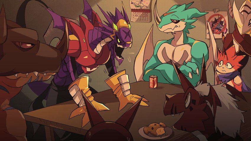 annoyed anthro blue_body crossed_arms group horn male purple_body red_body yelling marypumpum bandai_namco digimon arresterdramon betelgammamon burninggreymon digimon_(species) exveemon greymon growlmon gulusgammamon scalie 16:9 hi_res widescreen