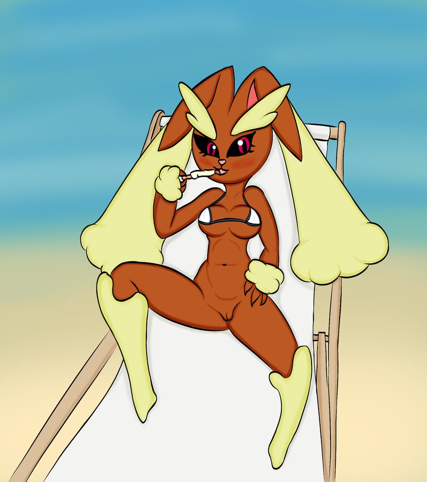 anthro beach bikini bikini_top bottomless breasts clothed clothing exhibitionism female food genitals half_naked popsicle pussy swimwear two-piece_swimsuit voyeur riverxa nintendo pokemon generation_4_pokemon lagomorph leporid lopunny mammal pokemon_(species) rabbit hi_res