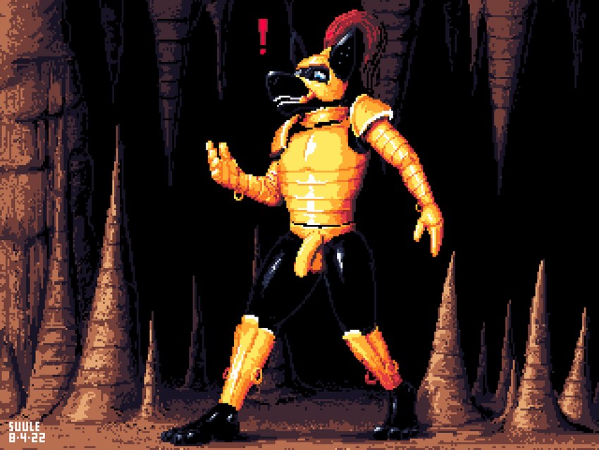 anthro armor biped bit_gag blue_eyes bondage_armor casual_chastity cave chastity_device detailed_background gag gagged headgear helmet male solo stalagmite standing suule canid canine canis jackal mammal 2022 4:3 digital_media_(artwork) pixel_(artwork) shaded