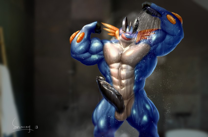 abs anthro balls bathing big_muscles big_penis biped black_glans black_penis blue_body blue_skin blurred_background blush bodily_fluids circumcised erection fin flexing flexing_bicep flexing_both_biceps front_view genital_fluids genitals glans head_fin huge_muscles humanoid_genitalia humanoid_penis hyper hyper_muscles looking_at_viewer male multicolored_body multicolored_skin muscular muscular_anthro muscular_male navel nude one_eye_closed open_mouth orange_eyes pecs penis precum precum_string sharp_teeth shower solo standing teeth tongue tongue_out two_tone_body two_tone_skin vein veiny_muscles water water_drop wet white_balls white_body white_skin snoway nintendo pokemon generation_6_pokemon mega_evolution mega_swampert pokemon_(species) 2022 digital_media_(artwork) digital_painting_(artwork) hi_res signature