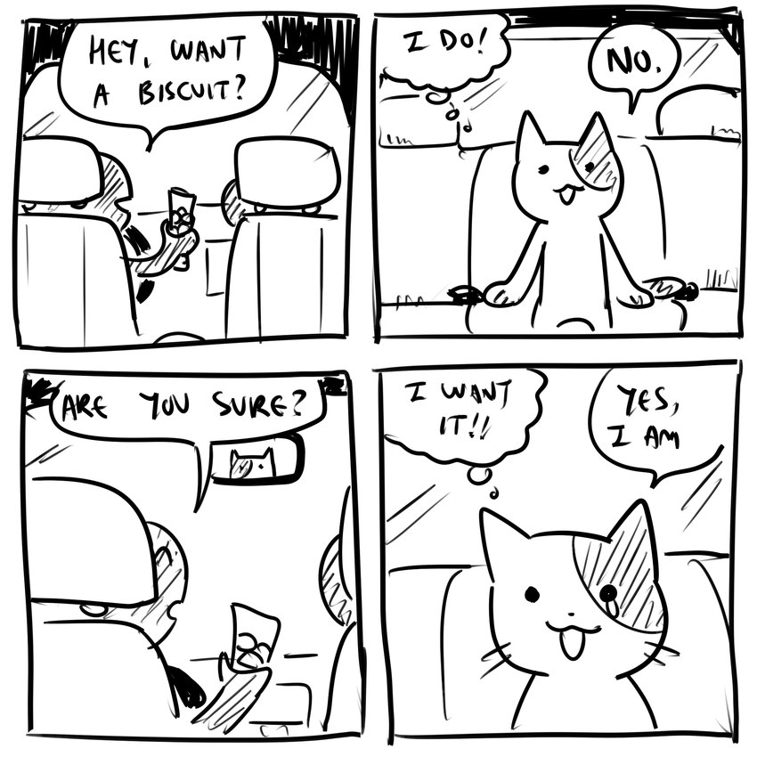 4_panel_comic ambiguous_gender anthro black_eyes black_text bodily_fluids car car_seat dialogue dot_eyes exclamation_point eyes_closed group holding_object inner_monologue inside_car inside_vehicle mirror mirror_reflection open_mouth paws question_mark reflection sitting speech_bubble talking_to_another tears text thinking trio vehicle windshield flavia-elric domestic_cat felid feline felis mammal 1:1 2022 black_and_white comic digital_media_(artwork) english_text hi_res monochrome