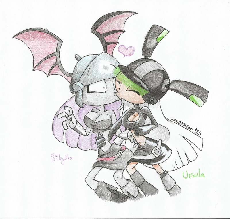 armor clothed clothing duo female female/female fully_clothed headgear helmet kiss_on_lips kissing not_furry surprise surprise_kiss banjokazoo123 rayman_(series) ubisoft sibylla_(rayman) ursula_(rayman) human mammal 2016 cel_shading colored_pencil_(artwork) hi_res shaded signature traditional_media_(artwork)