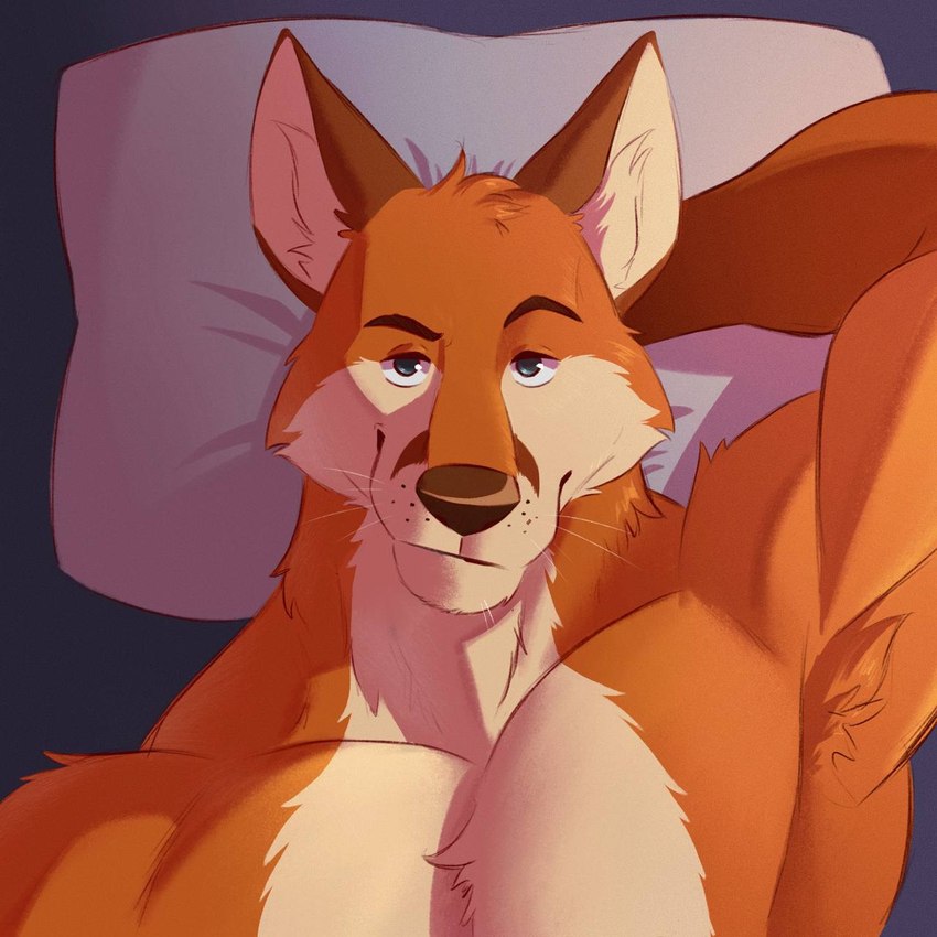 anthro blue_eyes fur hand_behind_head lying male on_back orange_body orange_fur pillow smile smiling_at_viewer smirk smirking_at_viewer r_k_husk scott_(scottthefox94) canid canine fox mammal 1:1 hi_res