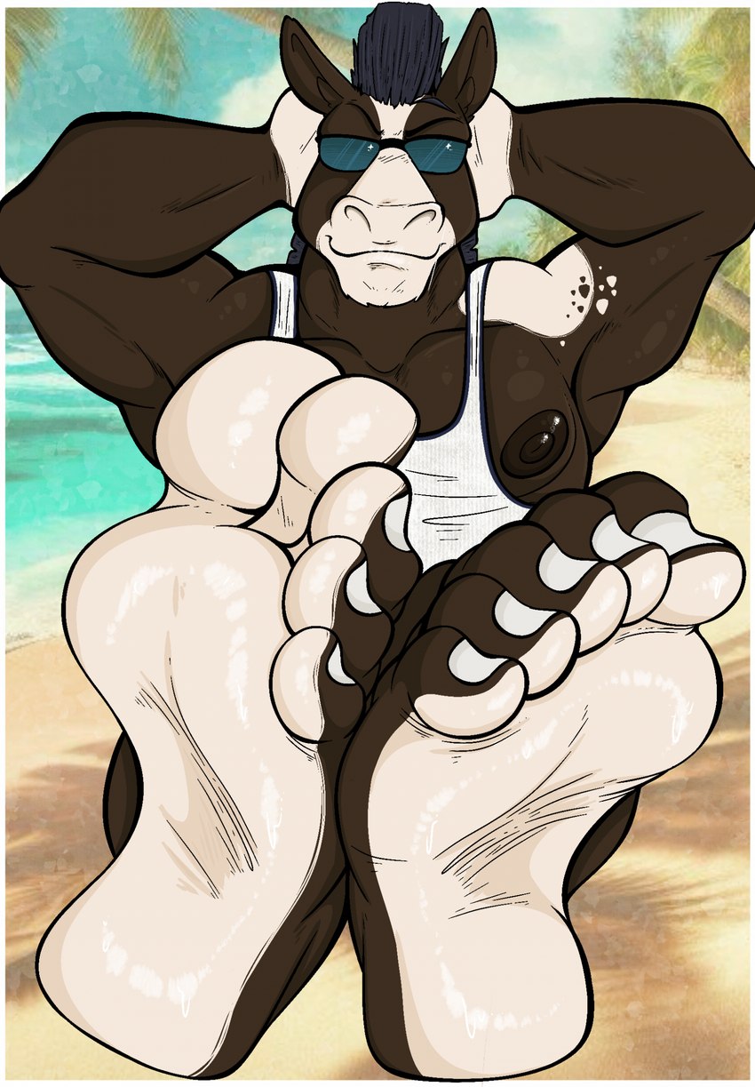 5_toes anthro barefoot bodily_fluids clothing eyewear feet foot_fetish foot_focus hands_behind_head humanoid_feet male muscular muscular_male nails nipples plantigrade shirt soles solo sunglasses sweat sweaty_feet tank_top toenails toes topwear sebafox hercules_(zp92) equid equine horse mammal hi_res