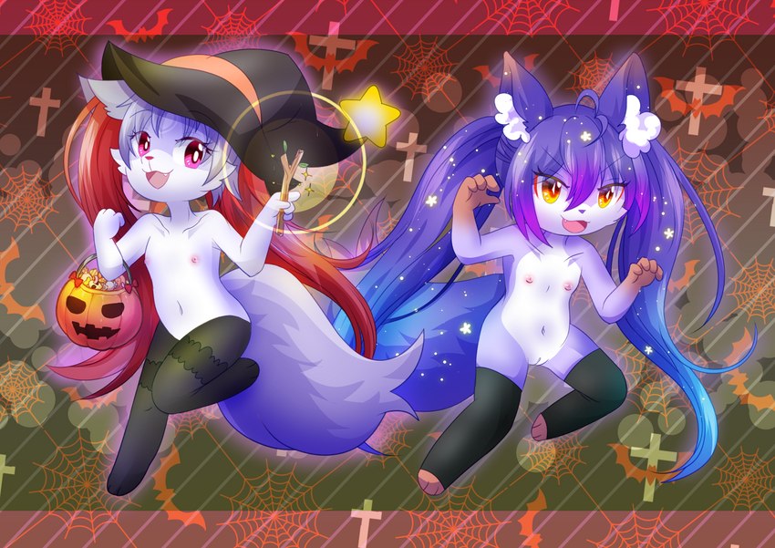 anthro clothing duo female flat_chested fluffy fluffy_tail genitals hat headgear headwear holding_object holidays inner_ear_fluff loli looking_at_viewer nipples nude open_mouth purple_body pussy red_eyes tail tuft witch_hat young young_anthro vio023 halloween nintendo pokemon braixen canid canine generation_6_pokemon mammal pokemon_(species) hi_res