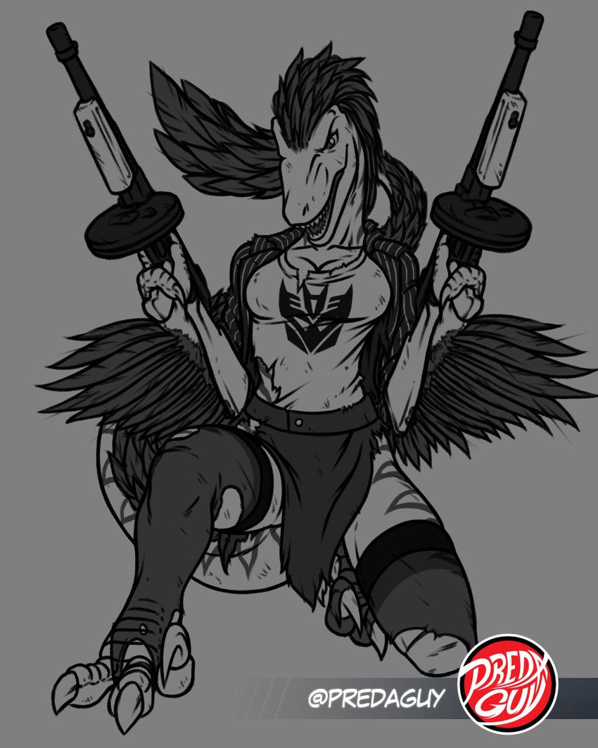 anthro battle_damage bottomwear claws clothing decepticon_insignia dual_wielding feather_hair feathered_arms feathered_crest feathered_tail feathered_wings feathers female gun head_crest holding_object holding_weapon legwear looking_at_viewer markings open_mouth pin_stripes pseudo_hair ranged_weapon shirt sickle_claw skirt snarling solo stockings striped_body striped_markings striped_tail stripes submachine_gun suit_jacket t-shirt t-shirt_design tail tail_markings thompson_gun toe_claws topwear torn_bottomwear torn_clothing torn_legwear torn_shirt torn_stockings torn_topwear weapon wings predaguy anthrosaurs uthalla dinosaur dromaeosaurid feathered_dinosaur feathered_scalie prehistoric_species reptile scalie theropod velociraptor