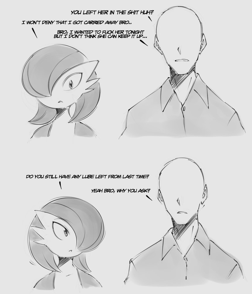 after_sex anthro clothing dialogue duo eyeless femboy hair hair_over_eye imminent_sex looking_at_another male profanity text saltyxodium nintendo pokemon anon gardevoir generation_3_pokemon human mammal pokemon_(species) 2025 english_text hi_res monochrome sketch