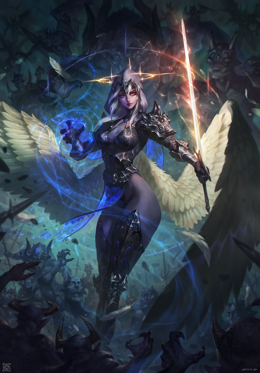 armor big_wings breasts clothed clothing curvy_figure detailed_feathers falling_feathers feathered_wings feathers female female_focus female_humanoid group hair halo holding_melee_weapon holding_object holding_sword holding_weapon hood horn hourglass_figure imminent_fight large_group light_body light_skin long_hair magic magic_sword magic_user male male_humanoid melee_weapon membrane_(anatomy) membranous_wings not_furry polearm purple_eyes reaching reaching_up small_waist solo_focus spear spread_wings standing sword weapon white_body white_feathers white_hair wide_hips wings mist_xg angel angel_humanoid demon demon_humanoid humanoid 2021 absurd_res detailed digital_media_(artwork) digital_painting_(artwork) hi_res