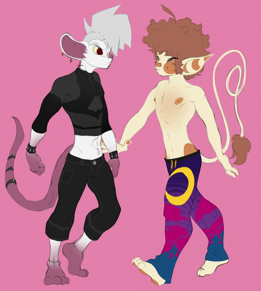 albino anthro bottomwear brown_hair brown_pawpads cheek_spots clothing curved_hair denim denim_bottomwear denim_clothing duo eyes_closed fur grey_hair hair jeans male male/male pants pawpads paws pink_background pink_body pink_skin simple_background smile sweatpants tail tail_tuft tan_body tan_fur tuft white_body white_fur vonboche larsen_(vonboche) zee_(vonboche) domestic_cat felid feline felis mammal mouse murid murine rodent hi_res