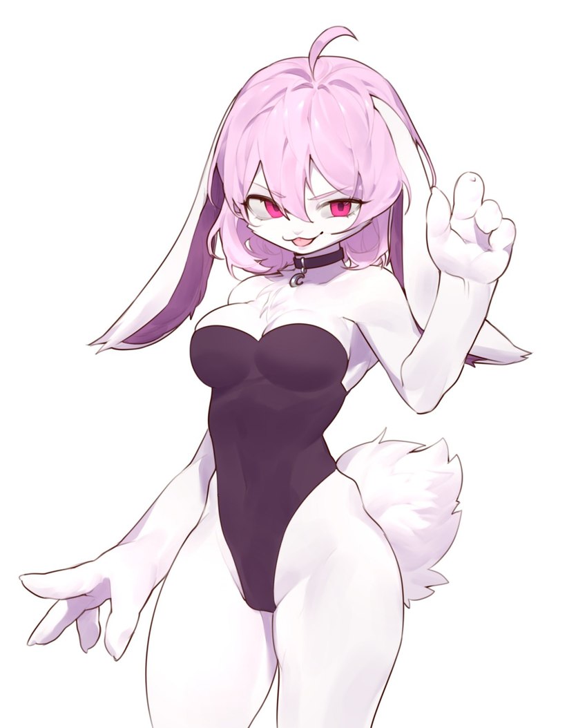 anthro clothing female fur hair leotard looking_at_viewer pink_eyes pink_hair solo white_body white_fur bean_mel lagomorph leporid mammal rabbit hi_res