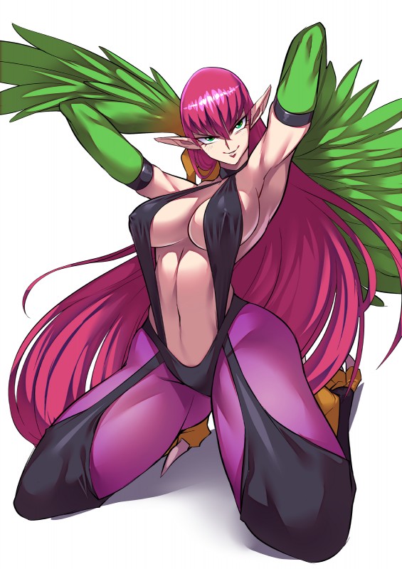 big_breasts breasts female kneeling nipple_outline pose simple_background solo ryuusei_(mark_ii) european_mythology greek_mythology konami mythology yu-gi-oh! harpie_lady animal_humanoid avian avian_humanoid duel_monster harpy humanoid mythological_avian mythological_creature absurd_res hi_res