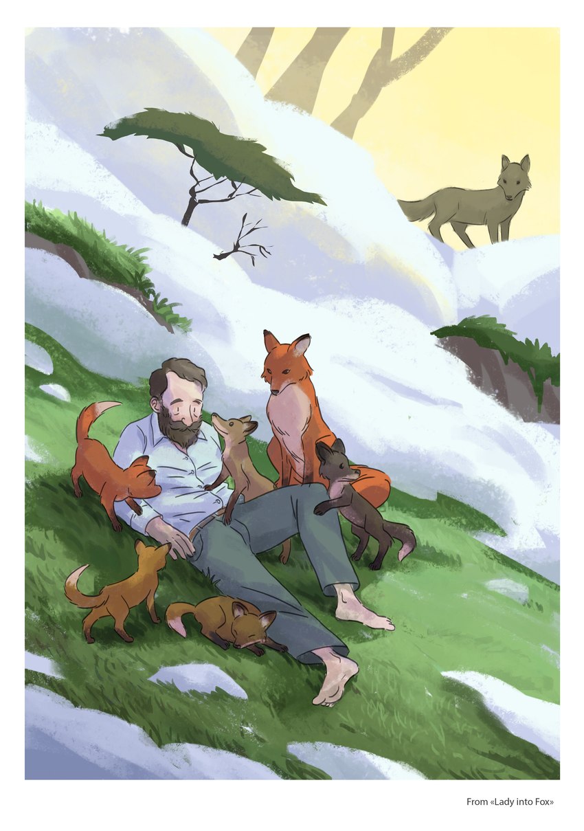 after_transformation ambiguous_gender barefoot beard being_watched clothed clothing facial_hair feet female feral fur grass group husband_and_wife looking_at_another male married_couple orange_body orange_fur outside plant snow text tree victorian ramshan lady_into_fox canid canine fox human mammal 2017 absurd_res digital_media_(artwork) english_text hi_res mother_(lore) mother_and_child_(lore) parent_(lore) parent_and_child_(lore)