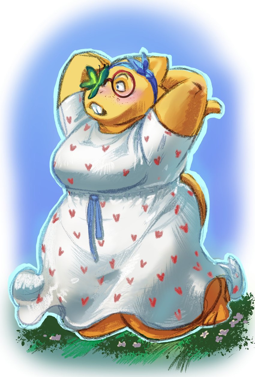 accessory animal_on_head anthro anthro_focus belly big_breasts blush breasts buckteeth clothed clothing deep_navel dress eyewear female female_focus feral field front_view fully_clothed glasses hands_behind_head headband heart_symbol kneeling navel navel_outline non-mammal_breasts open_mouth outside overweight overweight_anthro overweight_female scales surprise tail teeth thick_tail thick_thighs three-quarter_view tight_clothing tight_dress wide_hips yellow_body yellow_scales william_defleur undertale_(series) alphys arthropod butterfly insect lepidopteran lizard reptile scalie hi_res