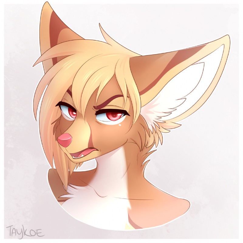 anthro collarbone fur hair inner_ear_fluff looking_at_viewer male pink_nose red_eyes short_hair simple_background solo tan_body tan_fur tuft white_body white_fur taykoe canid canine fennec_fox fox mammal true_fox 2017 bust_portrait digital_media_(artwork) portrait