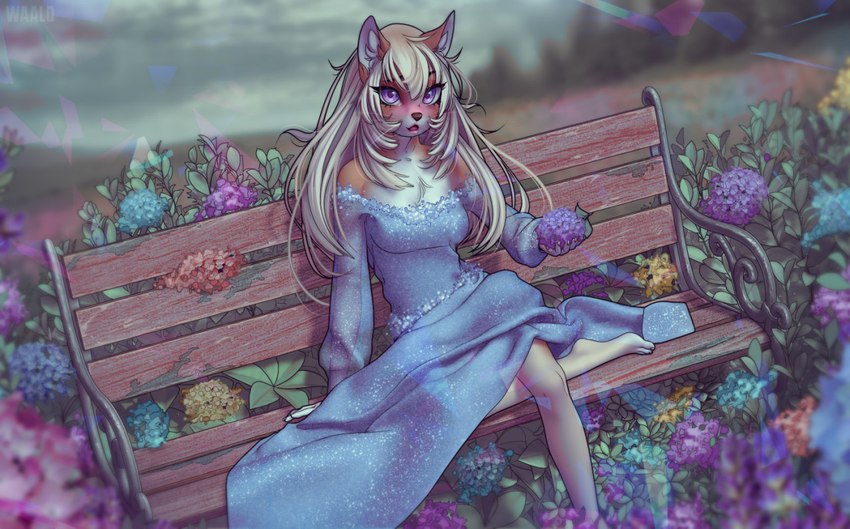 5_fingers anthro blonde_hair breasts clothed clothing day detailed_background eyebrows eyelashes feet female fingers hair outside purple_eyes sitting solo toes aimi canid canine canis domestic_dog mammal shiba_inu spitz 2021 digital_media_(artwork)