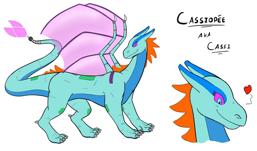 digitigrade female feral heart_symbol multicolored_body multicolored_eyes multicolored_wings simple_background smile solo tail text wings eccentricchimera mythology the_squish_gang! cassiopee dragon mythological_creature mythological_scalie scalie 2017 colorful_theme digital_media_(artwork) full-length_portrait model_sheet portrait