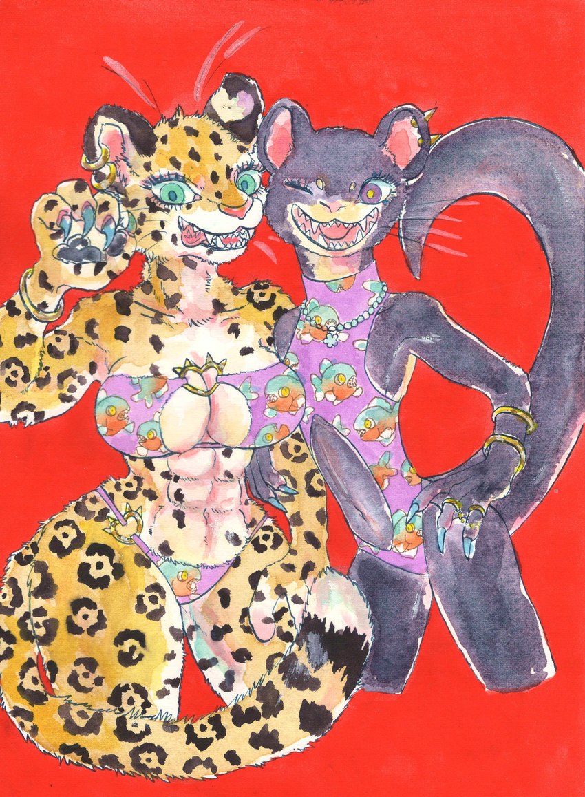 abs anthro bikini clothing duo ear_piercing ear_ring female kemono one-piece_swimsuit piercing ring_piercing swimwear two-piece_swimsuit sibaketsu felid giant_otter jaguar mammal mustelid otter pantherine river_otter absurd_res hi_res traditional_media_(artwork)