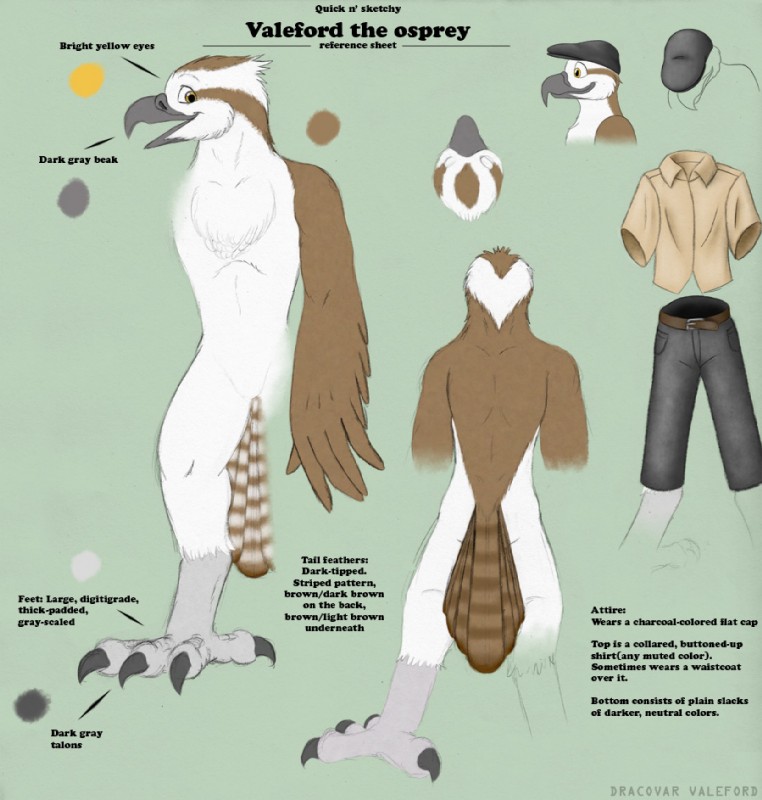 4_toes anisodactyl anthro avian_feet beak belt bottomwear clothing feet hat headgear headwear male open_mouth pants shirt side_view solo text toes topwear yellow_eyes dracovar_valeford valeford accipitriform avian bird osprey 2009 english_text model_sheet