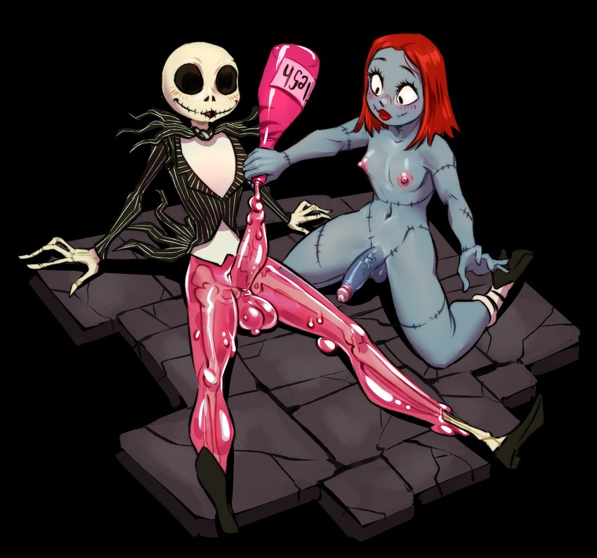 balls blue_body blush bone clothing crossgender duo footwear ftm_crossgender genitals hair high_heels kneeling male male/male navel nipples not_furry penis red_hair shoes skeleton smile ripushko the_nightmare_before_christmas jack_skellington sally_(tnbc) animated_skeleton humanoid undead hi_res