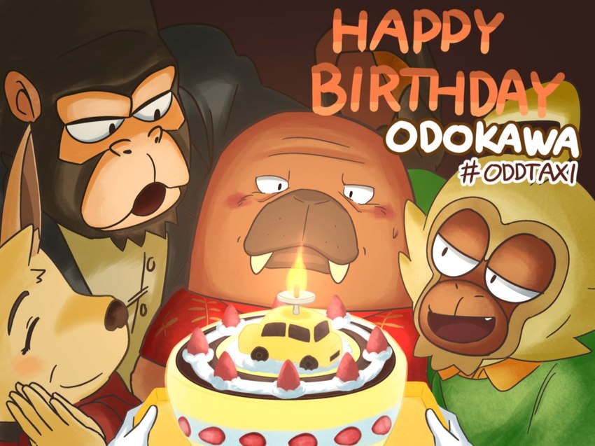 anthro birthday_cake blush brown_body cake candle clothing dessert food group humanoid_hands kemono male shirt text topwear kyoujinbe odd_taxi ayumu_gouriki_(odd_taxi) eiji_kakihana_(odd_taxi) hiroshi_odokawa_(odd_taxi) taeko_(odd_taxi) ape gibbon gorilla haplorhine mammal marine pinniped primate walrus 2021 english_text