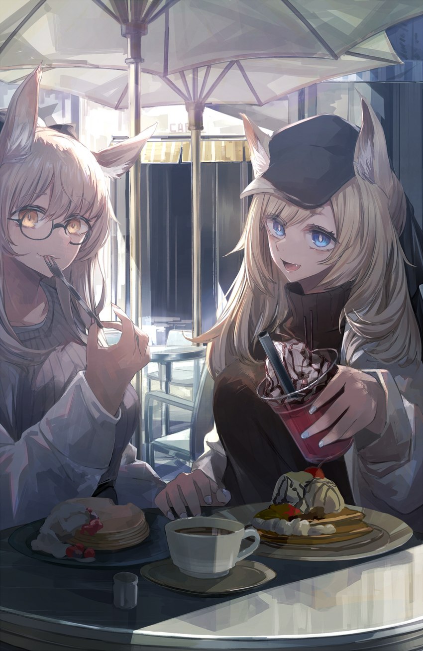 5_fingers blonde_hair blue_eyes breasts cafe clothing cutlery dessert duo eating eyewear female fingers food fork fur glasses hair headgear holding_food holding_object ice_cream inner_ear_fluff kitchen_utensils offering_to_viewer open_mouth pancake smile tools tuft white_body white_fur miyabino arknights hypergryph studio_montagne blemishine_(arknights) whislash_(arknights) animal_humanoid equid equid_humanoid equine equine_humanoid humanoid mammal mammal_humanoid 2020 absurd_res hi_res sibling_(lore) sister_(lore) sisters_(lore)