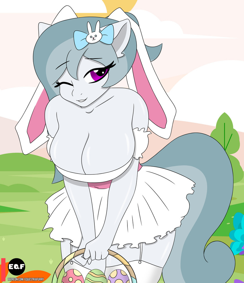 accessory anthro bare_shoulders basket big_breasts bow_ribbon breasts cleavage clothed clothing container detailed_background dress easter_basket easter_egg fake_ears fake_rabbit_ears female flirting garter_straps glistening glistening_body glistening_breasts grey_body grey_hair grey_tail hair hair_accessory hair_bow hair_ribbon holidays leaning leaning_forward legwear one_eye_closed outside pink_sky purple_eyes ribbons sky solo stockings strapless_clothing strapless_dress tail white_clothing white_dress wink eqf18 easter silver_bell_(eqf18) equid equine horse mammal pony 2024 hi_res textless