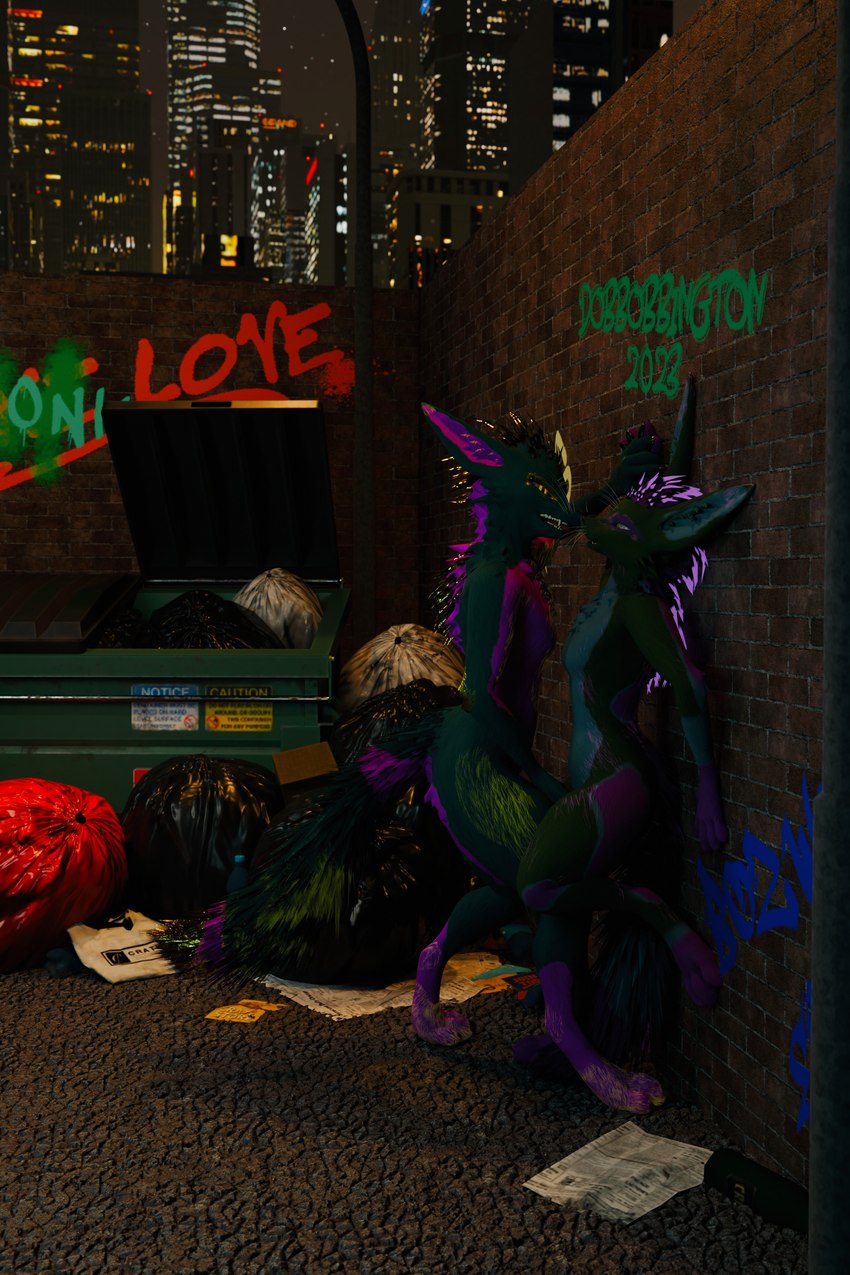 against_surface against_wall alley anthro bioluminescence breasts city city_background claws detailed_background dominant dominant_female dumpster duo eye_roll female female/female finger_claws fingering fur glowing gold_claws graffiti green_body green_fur hand_holding night open_mouth outside pink_body pink_fur sky small_breasts standing tail text toe_claws tongue vaginal vaginal_fingering dobbobbington canid canine fox mammal rexouium 2023 2:3 3d_(artwork) absurd_res artist_name digital_media_(artwork) hi_res portrait watermark