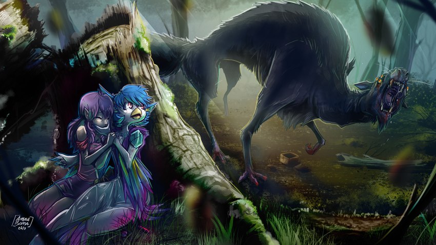 3_fingers 3_toes 5_fingers ambiguous_gender anthro beak blood blood_in_mouth blood_on_face blue_hair bodily_fluids clothed clothing container covering covering_mouth crystal detailed_background dirt dress eyes_closed fallen_tree fangs feathers feet female feral fingers fur gem grass grey_body grey_fur group hair hiding hiding_behind_object iridescent iridescent_feathers kneeling multi_eye nosebleed on_knee open_mouth pink_eyes plant purple_hair red_eyes roaring saliva teeth toes tongue tree trio white_body white_fur kiaun perico straviios avian bird elf humanoid monster 2017 absurd_res hi_res