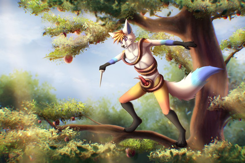 animal_genitalia anthro anthro_on_feral apple bestiality blonde_hair blue_body blue_fur branch coiling coiling_around_body coiling_around_penis dagger dominant dominant_feral duo erection eye_contact feral food forest forest_background fruit fur genitals hair hug knot knot_grab light light_beam looking_at_another looking_down male male/male masturbation melee_weapon nature nature_background orange_body orange_fur outside penis plant purple_eyes questionable_consent seductive sex sheath submissive submissive_anthro sunbeam sunlight tail tail_around_penis tail_fetish tail_play tail_sex tailjob tree weapon white_body white_fur arssyarts canid canine fox mammal reptile scalie snake 3:2 absurd_res digital_media_(artwork) hi_res huge_filesize