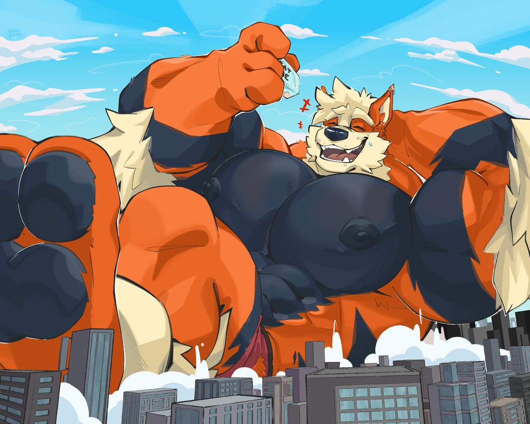 4_fingers abs anthro anthrofied barazoku biceps big_feet big_muscles big_nipples big_pecs birthday black_body black_fur blush blush_lines body_hair bottomwear building cake chest_hair clothed clothing dessert eating eating_cake eating_food eyes_closed feet fingers food fur happy huge_feet huge_muscles huge_pecs macro male muscular muscular_anthro muscular_male nipples on_ground orange_body orange_fur pawpads pecs pokemorph red_bottomwear red_clothing red_shorts shorts solo oinu_kori nintendo pokemon kori_(oinu_kori) arcanine canid canine generation_1_pokemon mammal pokemon_(species) 5:4 digital_media_(artwork) hi_res