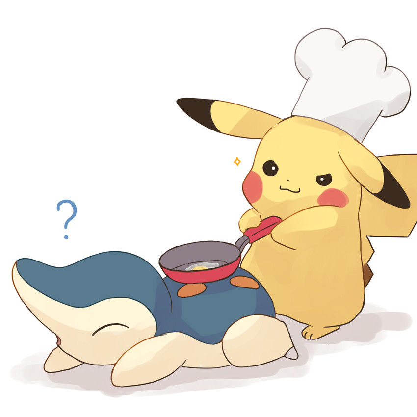 ambiguous_gender blue_body chef_hat clothing convenient_power cooking cooking_with_body duo eyes_closed feral food fried_egg hat headgear headwear pan question_mark simple_background white_background yellow_body misonikomiii47 nintendo pokemon cyndaquil generation_1_pokemon generation_2_pokemon pikachu pokemon_(species) 1:1