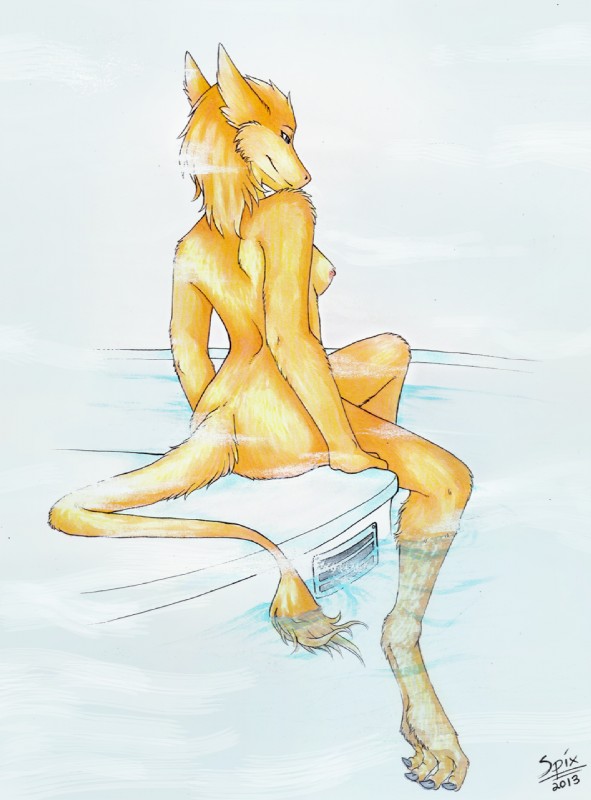 4_toes anthro back_groove bare_back bare_breasts biped blonde_hair breasts claws feet female fur hair nipples nude rear_view shoulder_blades side_boob simple_background sitting slim_anthro slim_female snout solo tail tail_tuft toe_claws toes tuft water white_background yellow_body yellow_fur yellow_tail malachyte shalane mammal sergal 2013 full-length_portrait hi_res portrait traditional_media_(artwork)