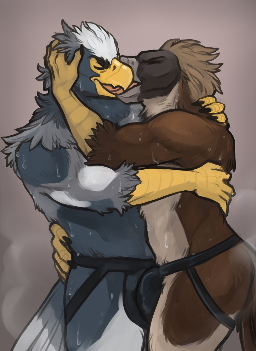 anthro arms_around_partner bodily_fluids bulge bulge_rubbing clothing duo french_kissing hand_on_face hug jockstrap kissing male male/male muscular muscular_male musk sweat underwear torakuta iolar_(musingfor) pirate_eagle accipitrid accipitriform avian bird eagle philippine_eagle sea_eagle steller's_sea_eagle hi_res