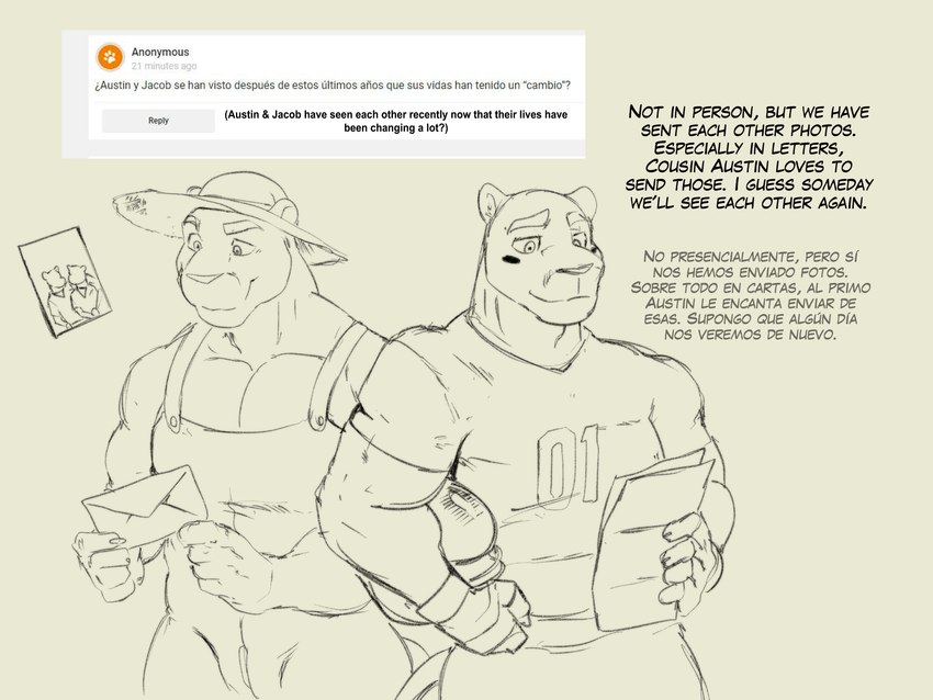 age_difference anthro ask_blog clothing duo football_gear football_uniform hat headgear headwear letter male muscular muscular_male overalls photo straw_hat text zourik austin_(zourik) jacob_(zourik) cougar felid feline mammal 4:3 absurd_res hi_res line_art sketch cousins_(lore)