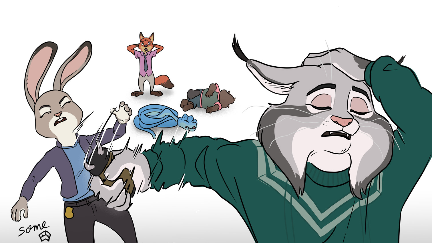 anthro attack beaver_tail blue_body bottomwear brown_body clothed clothing ears_back ears_down ears_up eyebrows eyes_closed falling female feral fur grey_body group hand_on_head holding_head holding_object holding_weapon humor hurt_expression jacket lying lying_on_ground male markings motion_lines necktie on_ground on_side open_mouth orange_body pain pants pivoted_ears police_badge shirt simple_background standing sweater t-shirt tail teeth topwear unconscious weapon whiskers white_background some_(someone) disney family_guy_death_pose naoya_hair_flip zootopia gary_de'snake judy_hopps nibbles_maplestick nick_wilde pawbert_lynxley beaver canada_lynx canid canine european_rabbit felid feline fox lagomorph leporid lynx mammal oryctolagus pit_viper rabbit red_fox reptile rodent scalie snake true_fox viper 16:9 2026 4k absurd_res digital_drawing_(artwork) digital_media_(artwork) hi_res meme signature widescreen