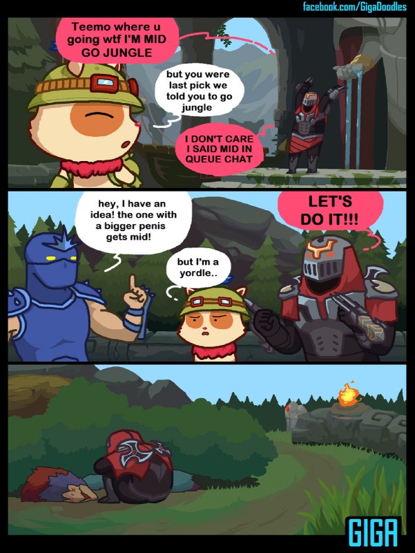 anthro dialogue gigadoodles group male sonaharmony text inksen league_of_legends riot_games tencent shen_(lol) teemo_(lol) zed_(lol) yordle comic english_text hi_res url