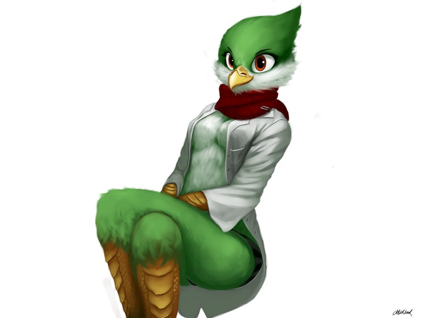 anthro beak bottomwear breasts brown_eyes clothed clothing coat doctor feathers female green_body green_feathers non-mammal_breasts open_clothing open_shirt open_topwear panties pattern_bottomwear pattern_clothing pattern_panties pattern_underwear red_scarf scarf scuted_hands scuted_legs scutes shirt simple_background solo striped_bottomwear striped_clothing striped_panties striped_underwear stripes topwear underwear white_background white_clothing white_shirt white_topwear chickhawk96 starbound crinaia avian avian_(starbound) bird 2016 4:3 digital_media_(artwork) hi_res