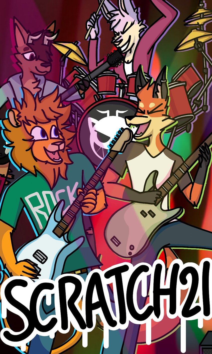 abstract_background anthro antlers arm_tuft band bass_guitar black_body black_fur blue_eyes bottomwear brown_body brown_eyes brown_fur brown_hair cheek_tuft chest_tuft claws clothed clothing drum drum_set drumming_stick ear_piercing elbow_tuft facial_tuft fangs female fully_clothed fur grin group guitar hair half-closed_eyes happy head_tuft hooves horn long_ears male mane musical_instrument narrowed_eyes orange_body orange_fur orange_hair orange_mane percussion_instrument percussion_mallet piercing pink_body pink_fur plucked_string_instrument raised_arms rock_band scut_tail short_tail sitting smile standing string_instrument tail tail_tuft tan_body tan_fur teeth text topwear tuft yellow_body yellow_fur flare_(artist) scratch21 cooper_(scratch21) ed_(scratch21) matt_(scratch21) riley_(scratch21) canid canine deer felid fox lagomorph leporid lion mammal pantherine rabbit red_fox true_fox 2021 3:5 digital_drawing_(artwork) digital_media_(artwork) hi_res