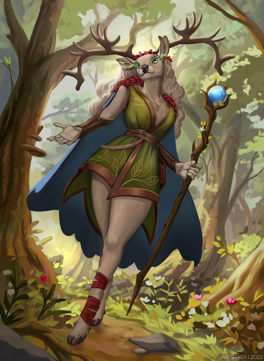 anthro antlers barefoot breasts cloak clothed clothing detailed_background druid feet female forest hair holding_object horn looking_at_viewer magic_user outside plant smile solo staff standing tree tribal_spellcaster weapon jakeseeker deer mammal digital_media_(artwork) hi_res