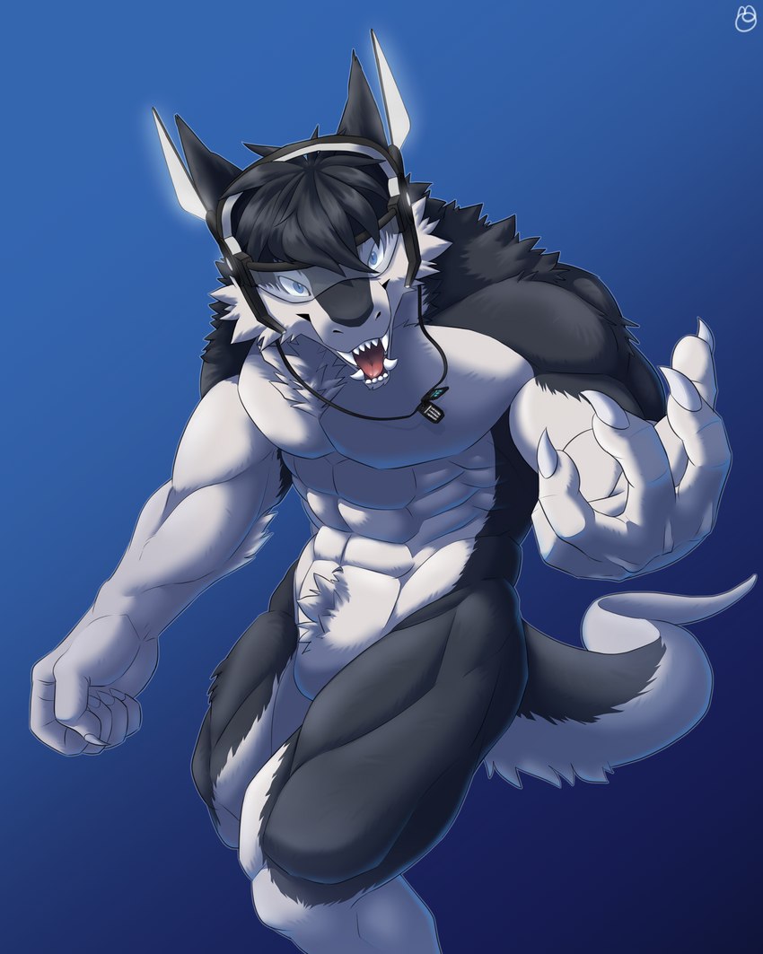 abs anthro biceps big_muscles black_body black_fur black_hair blue_eyes fur hair looking_at_viewer male muscular muscular_anthro muscular_male nude pecs smile solo standing tail tuft white_body white_fur dd159 discordnight sergal 2016 4:5 absurd_res hi_res signature