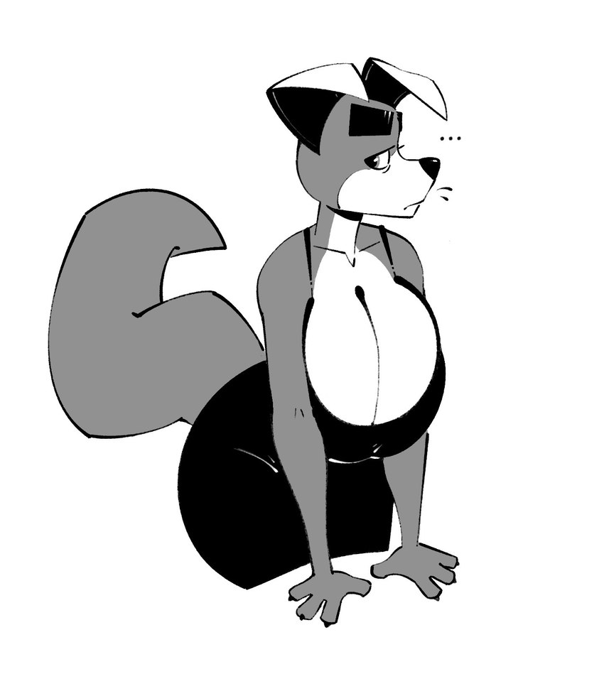 anthro big_breasts breasts button_ears cleavage clothed clothing dress female floppy_ears leaning_against_counter looking_at_viewer solo standing tired komdog kom_(komdog) canid canine canis domestic_dog mammal 2024 hi_res monochrome