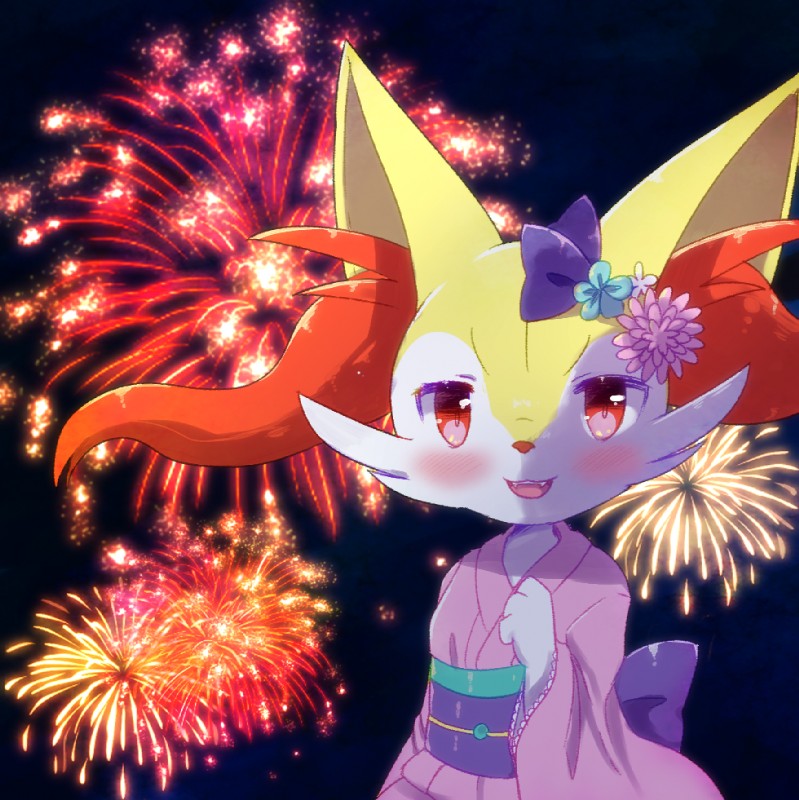 anthro asian_clothing blush bow_in_back clothing east_asian_clothing fangs female fireworks flower japanese_clothing kemono kimono looking_at_viewer open_mouth pink_clothing pink_kimono plant purple_bow raised_hand red_eyes smile solo standing teeth waist_bow kemoribbon nintendo pokemon braixen canid generation_6_pokemon mammal pokemon_(species)