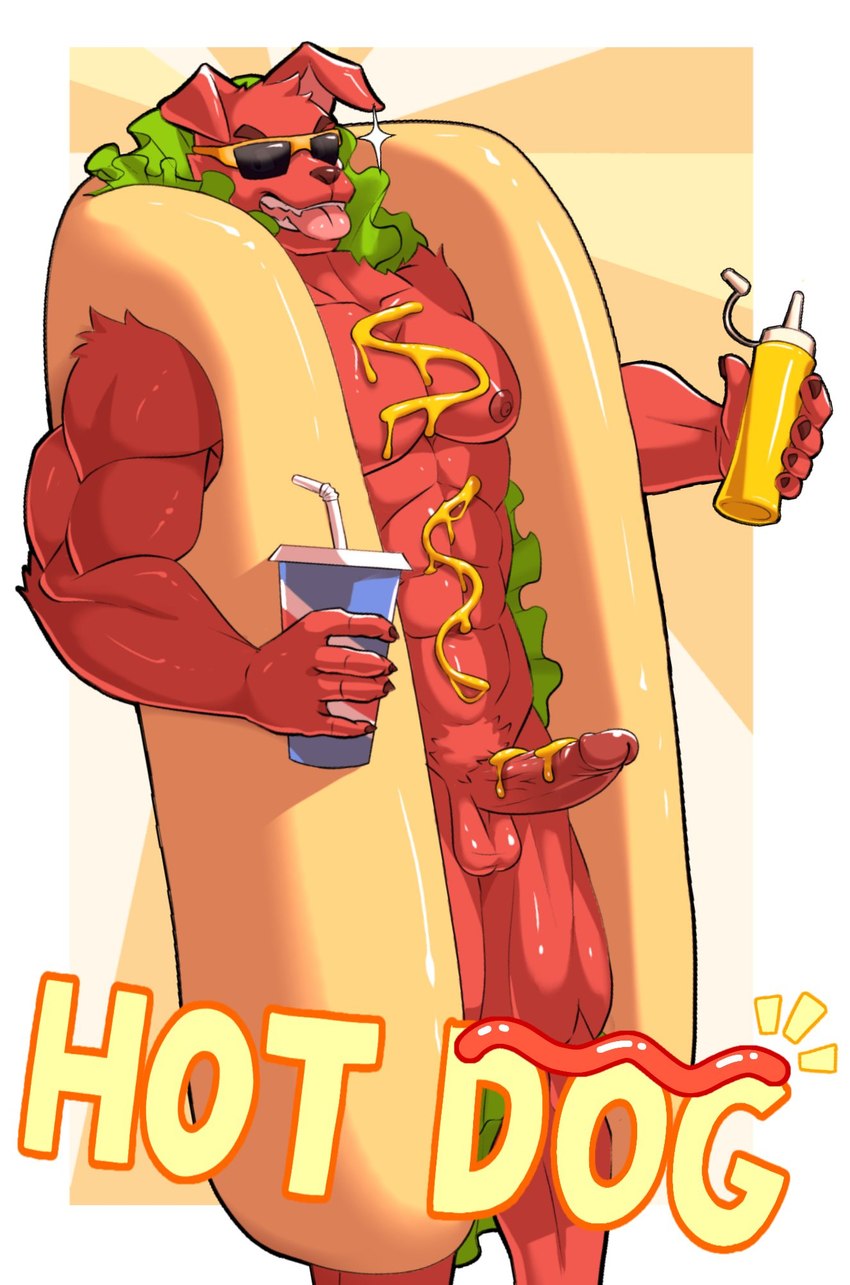 abs anthro balls biceps erection eyewear eyewear_only food fur genitals hot_dog hot_dog_bun hot_dog_costume humanoid_genitalia humanoid_penis humor ketchup lettuce male muscular muscular_anthro muscular_male mustard nipples nude pecs penis plant red_body red_fur solo sunglasses sunglasses_only vegetable furtissier canid canine canis domestic_dog mammal hi_res