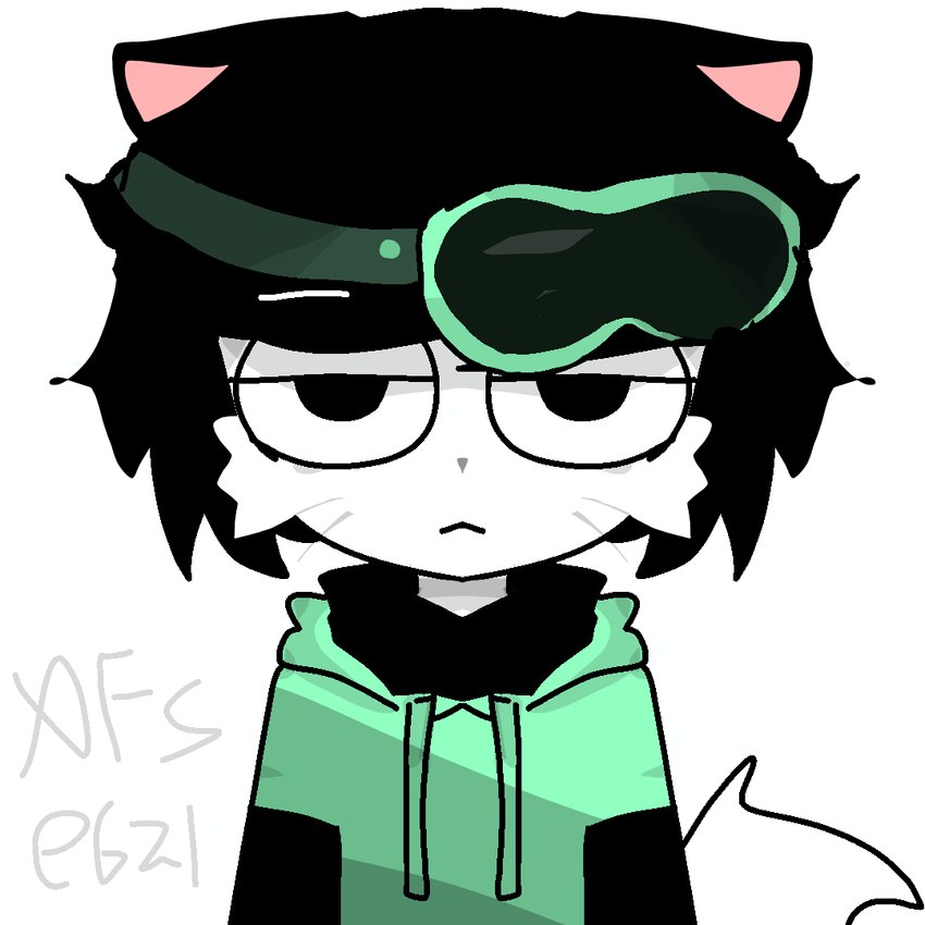 black_clothing black_eyes black_hair black_shirt black_topwear cheek_tuft clothing eyewear eyewear_on_head facial_tuft fluffy fluffy_face fluffy_tail fur goggles goggles_on_head green_clothing green_hoodie green_topwear hair half-closed_eyes hoodie looking_at_viewer male narrowed_eyes pink_inner_ear pointy_ears prick_ears shirt short_hair small_nose tail topwear tuft whiskers white_body white_fur xfs incredibox lead_(incredibox) mammal species_request 1:1 half-length_portrait portrait