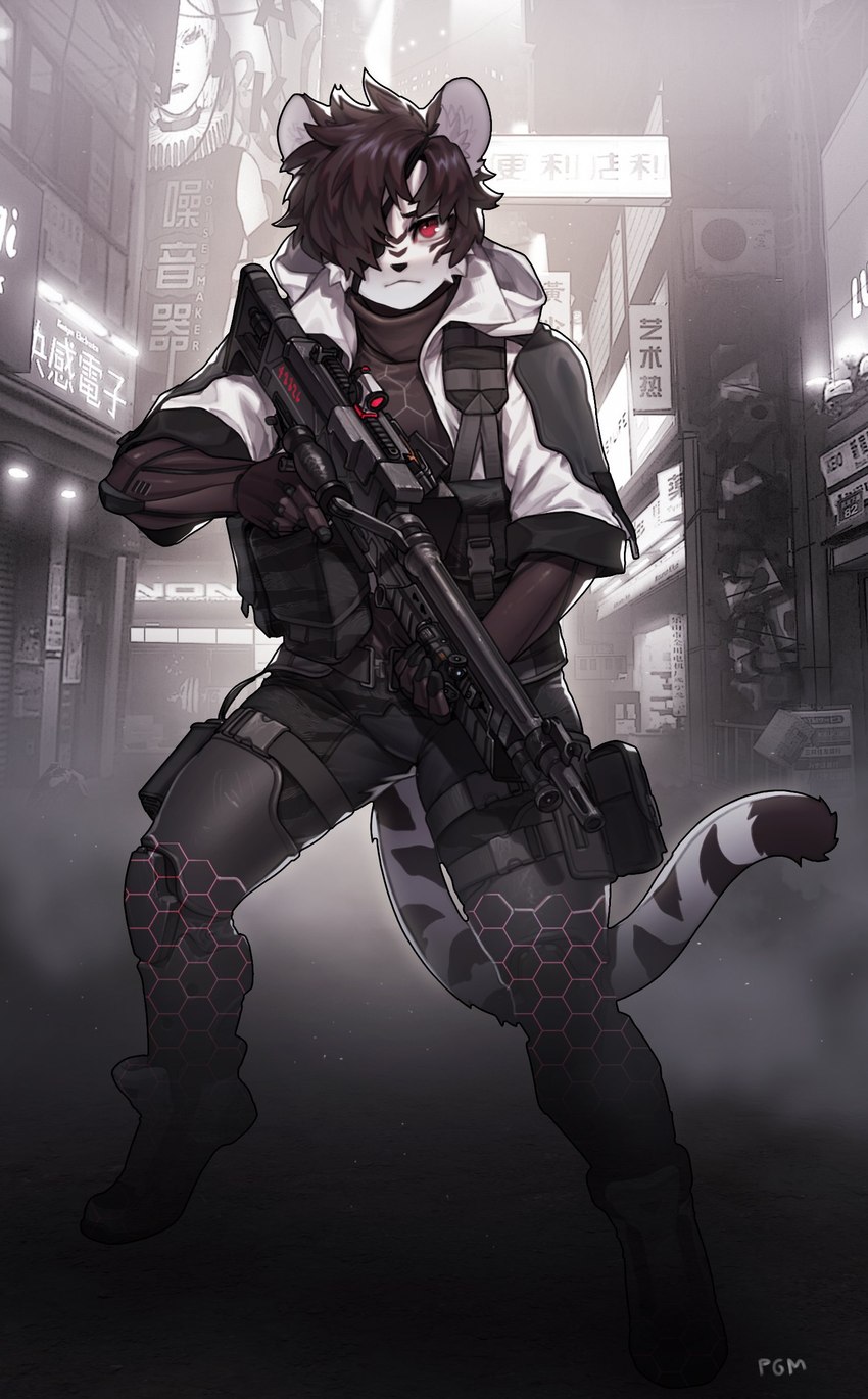 anthro biped black_hair city clothing eyebrows eyelashes fur gun hair inner_ear_fluff looking_at_viewer machine_gun male outside ranged_weapon scope short_hair solo streetwear techwear tuft weapon white_body white_fur pgm300 nilani_(pocket-sand) felid mammal pantherine tiger absurd_res digital_media_(artwork) hi_res shaded