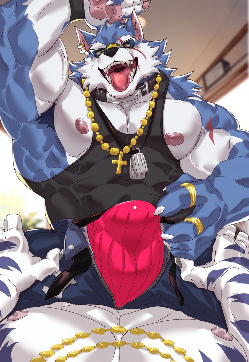 abs anthro armpit_hair biceps body_hair bulge collar dog_tags duo ear_piercing fur jewelry male muscular muscular_anthro muscular_male necklace nipples pecs piercing sharp_teeth teeth tongue tongue_out istani dislyte lilith_games freddy_(dislyte) jin_qiu_(dislyte) canid canine canis felid mammal pantherine tiger wolf hi_res