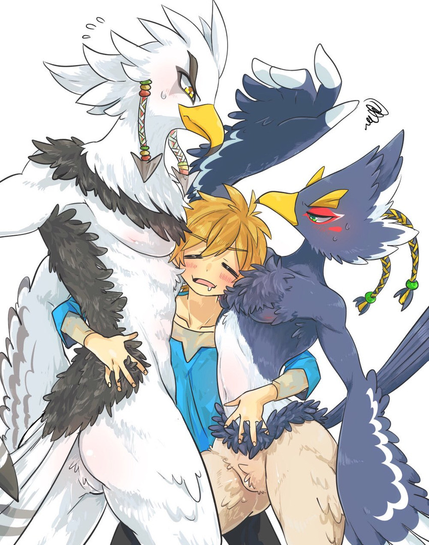 anthro beak bodily_fluids braided_hair feathered_wings feathers featureless_crotch group hair hug larger_male male manwiched nipple_outline nude size_difference sweat sweatdrop tail tail_feathers trio wings popemadara breath_of_the_wild nintendo the_legend_of_zelda link revali teba_(tloz) avian bird human hylian mammal rito hi_res